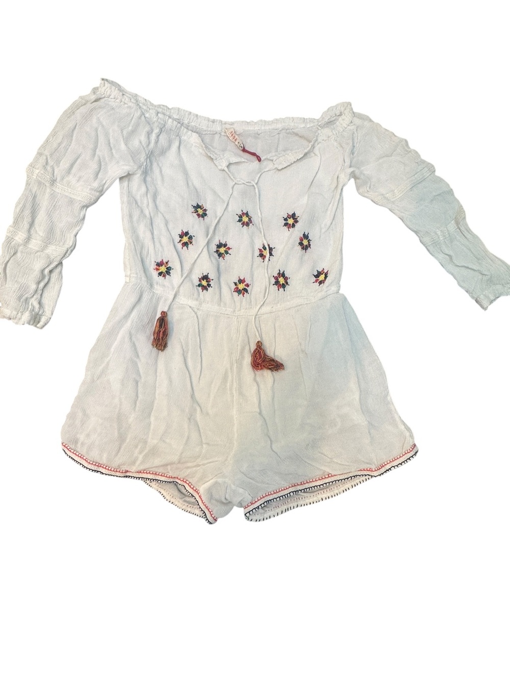 RAGA Embroidered Off-Shoulder Romper with Tassels